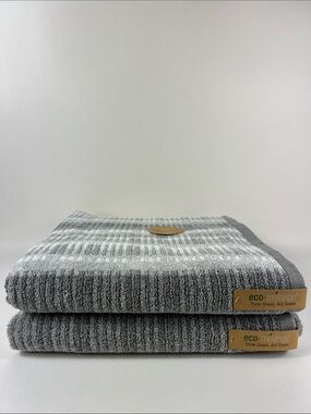 Eco-Mélange Bath Towels Gray White Striped Ribbed Soft Cotton Set of 2 NEW